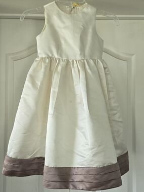 Classic Cream Satin Girls' Dress with Taupe Hem
